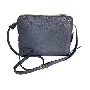 Navy Blue Pleather Crossbody Purse Multi Section Adj Strap Gold Tone Zippers